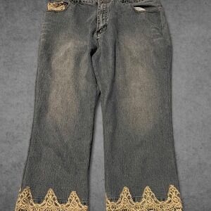Lazer Jeans Womens Y2K Blue Denim Lace Trim Wide Leg‎ Cropped Jeans Size 32x21